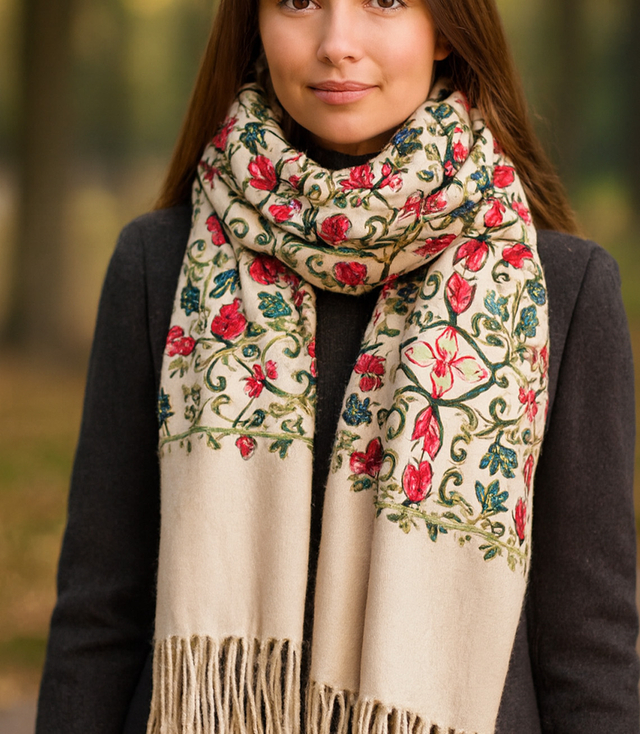 Women's scarf with embroidered pattern and tassels
