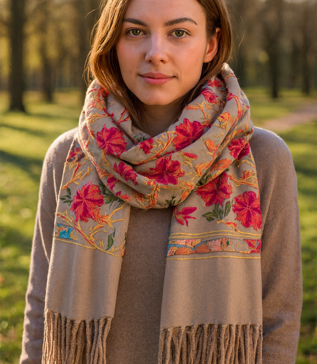 Women's folklore scarf with flower motif and tassels
