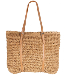 Large rectangular straw beach bag with eco-leather handles