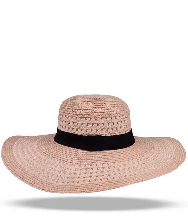 Fashionable large women's straw hat with black ribbon