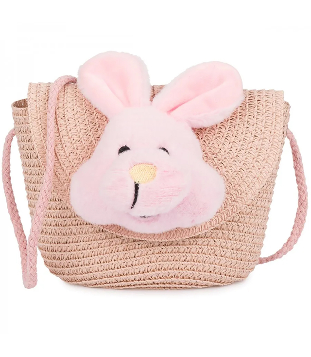 Children's straw bag with plush bunny 