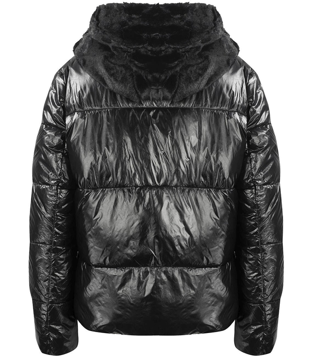 Short winter down jacket with fur hood