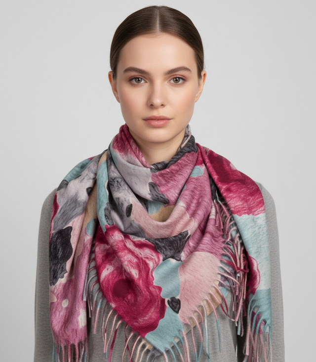 Multicolored elegant women's floral scarf with tassels