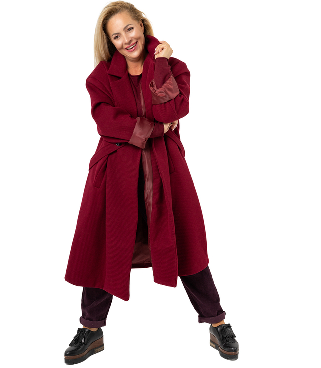 Women's long oversize coat with decorative belt KASIA