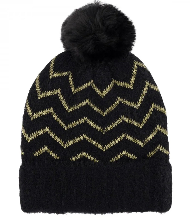 Warm women's cap with zigzag pom-pom autumn winter