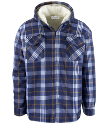 Warm fleece men's plaid shirt with hood insulated with faux fur
