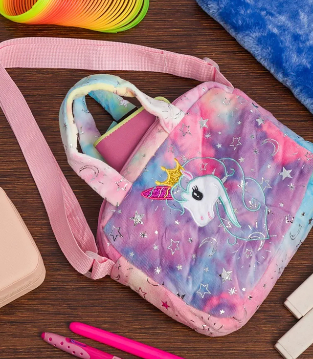 Children's plush bag with adorable unicorn handle strap