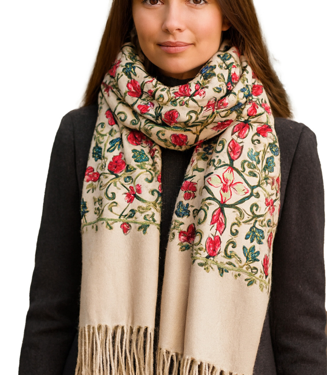 Women's scarf with embroidered pattern and tassels