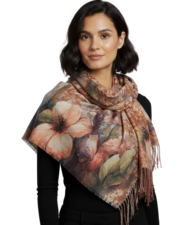 Elegant scarf large flowers with tassels
