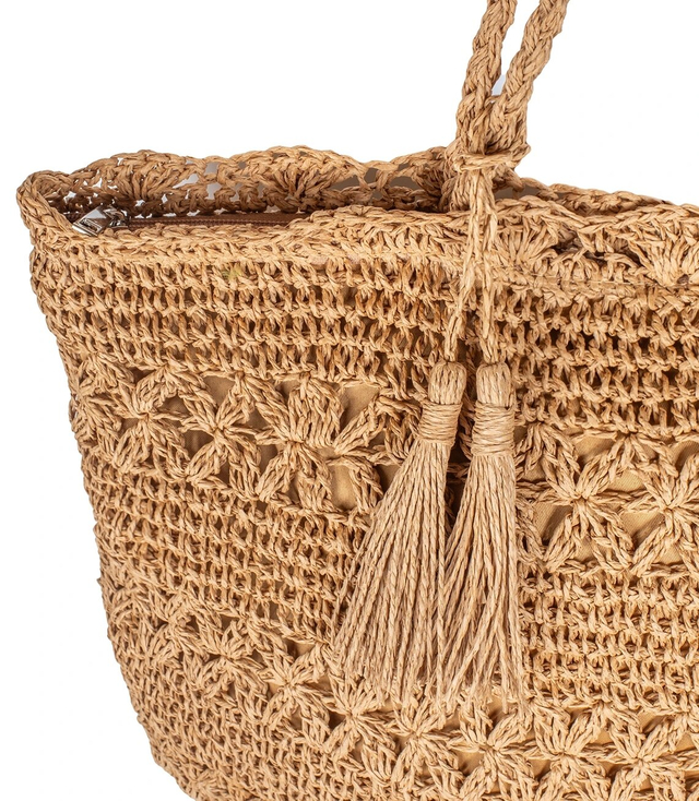 Large rectangular straw beach bag with openwork pattern