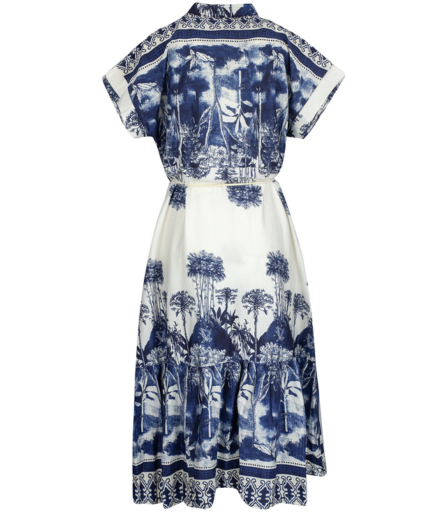 Midi safari print summer dress with a stand-up collar and a NEL belt