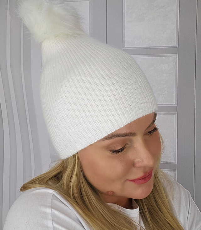 Warm women's beanie with pompon winter autumn ribbed monochrome hat