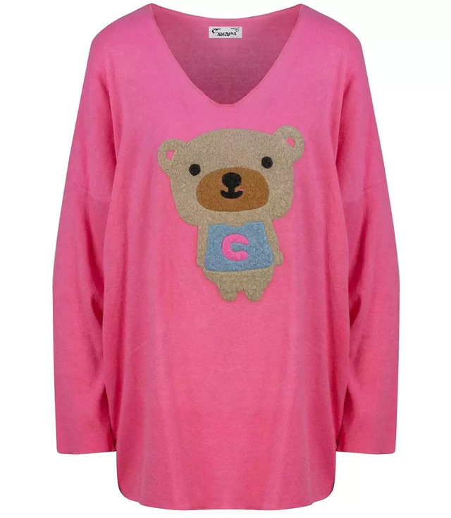 Thin oversize v-neck sweater with a teddy bear