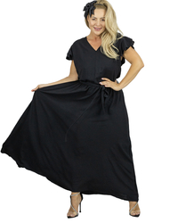 Long dress tied at the waist with short sleeves with frill CELINA