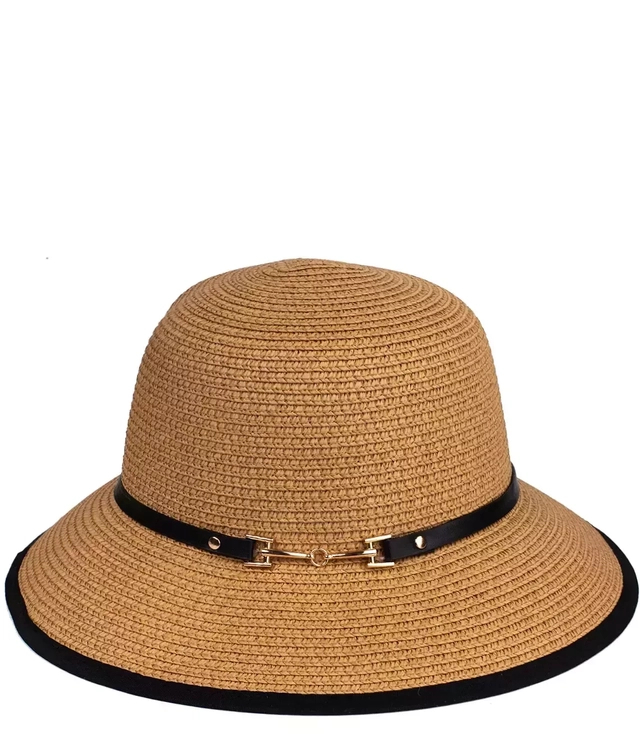 Women's straw raffia hat with black trim