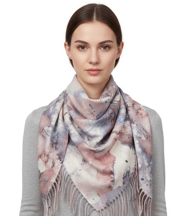 Women's scarf with watercolor pattern and tassels