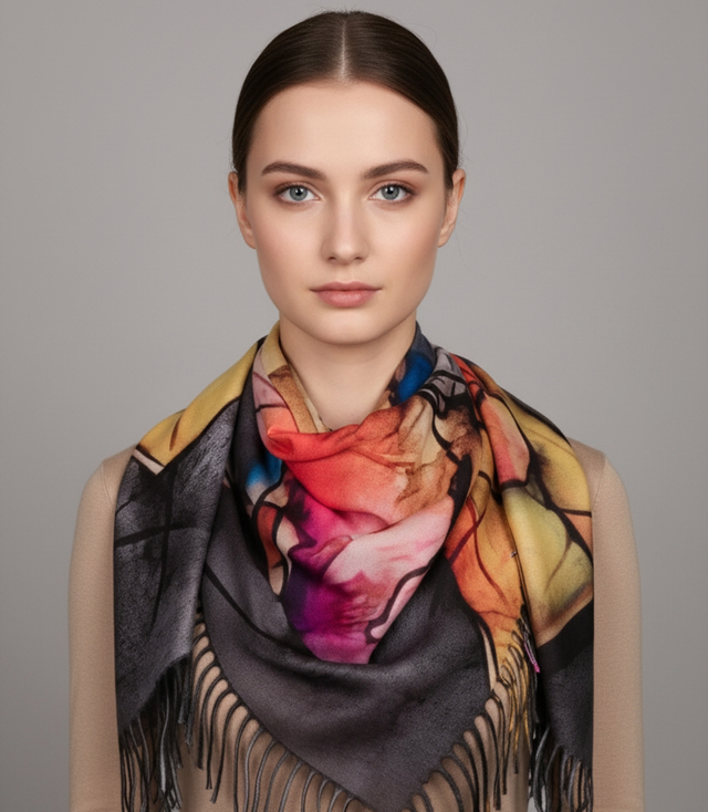 Abstract shawl scarf multicolored elegant with tassels