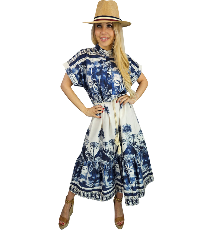 Midi safari print summer dress with a stand-up collar and a NEL belt