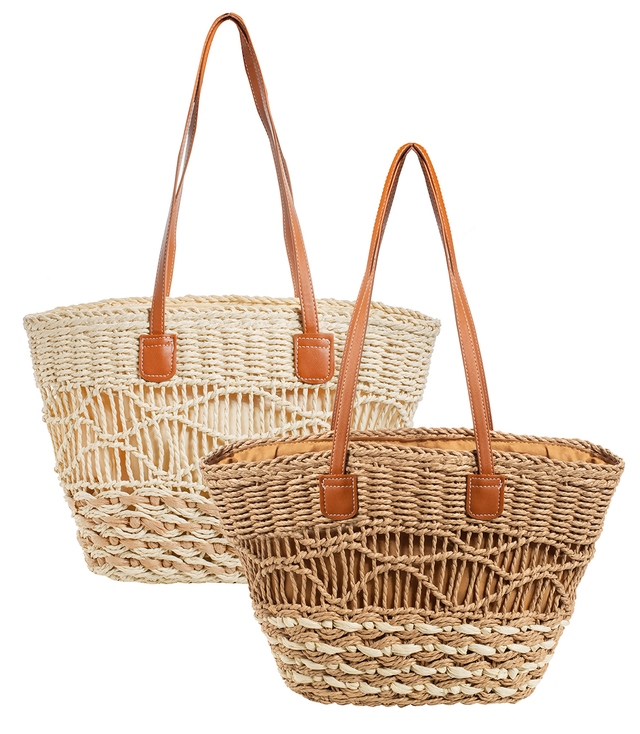 Medium basket, summer bag, stiff handbag, woven eco-leather handles