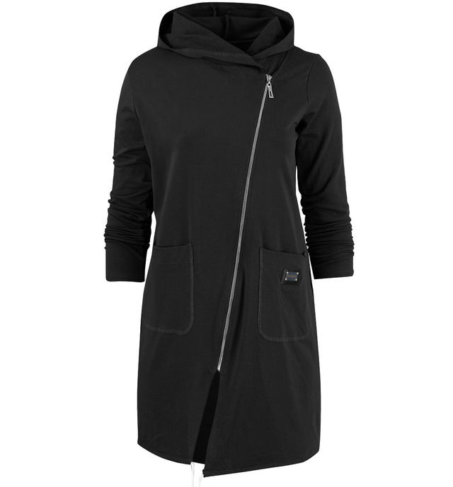 Thin long sweatshirt with diagonal zipper and hood LILIANA