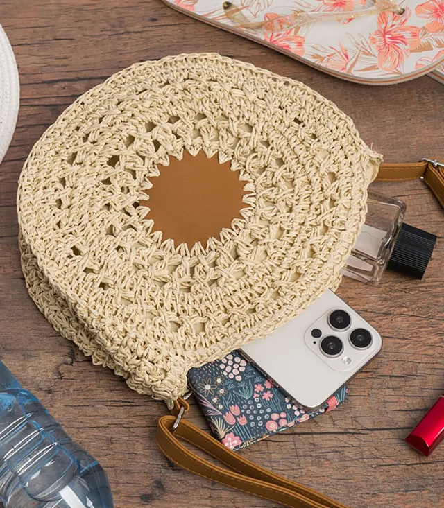 Round braided boho handbag with long strap