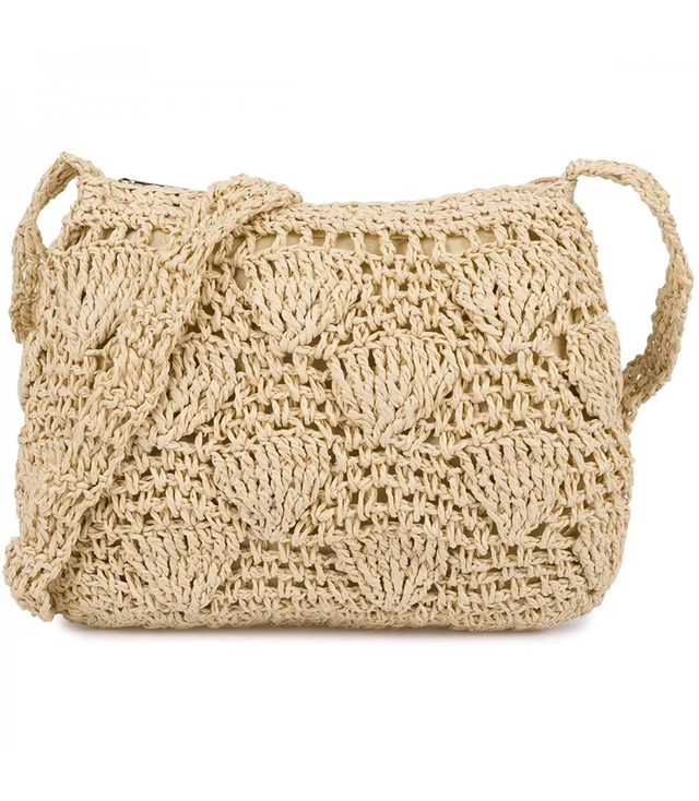 Braided boho handbag with long strap shell pattern