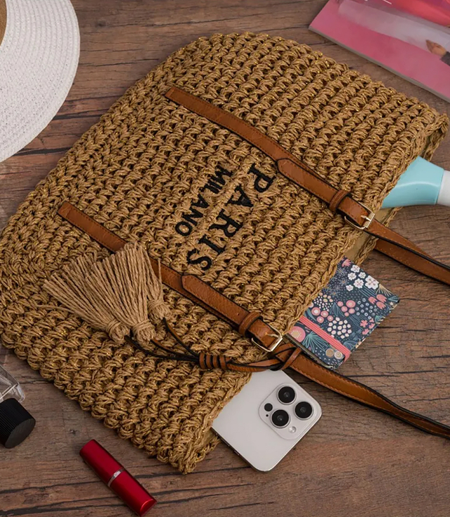 Braided boho handbag with tassels and lettering PARIS MILANO