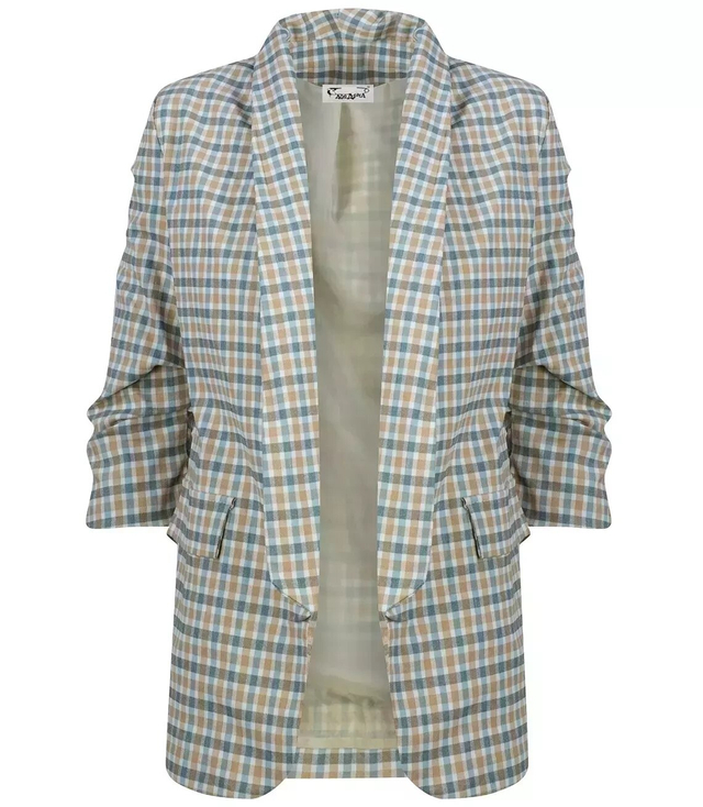 Checked blazer jacket with draped 3/4 sleeves