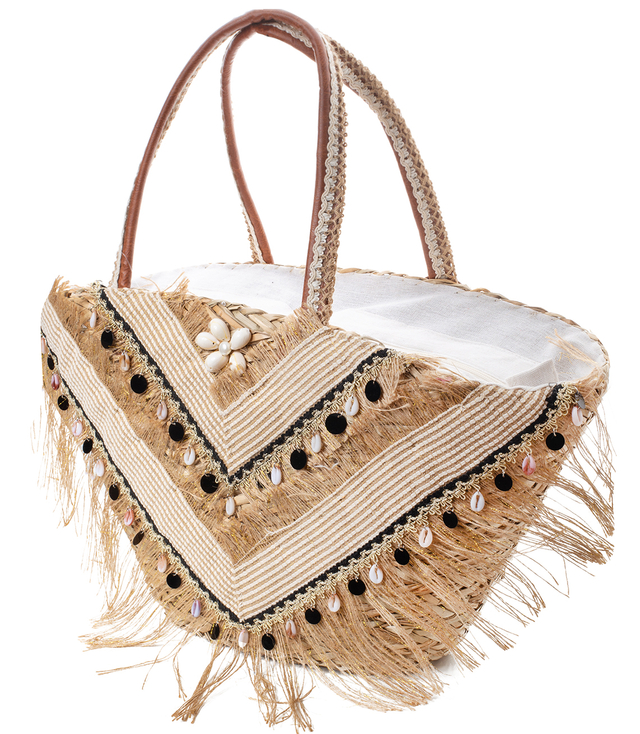 Mega large summer bag braided basket decorated with seashells and tassels