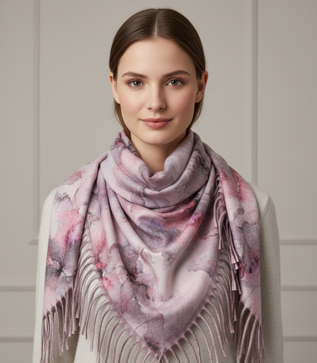 Delikatna elegancka kobieca chusta szal z frędzlami