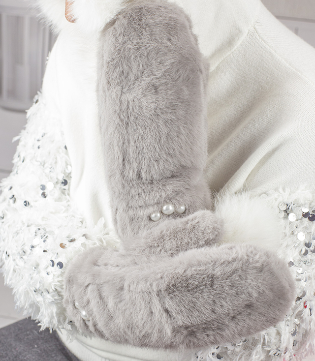 Women's Warm Gloves with fur insulated decorated with pearls