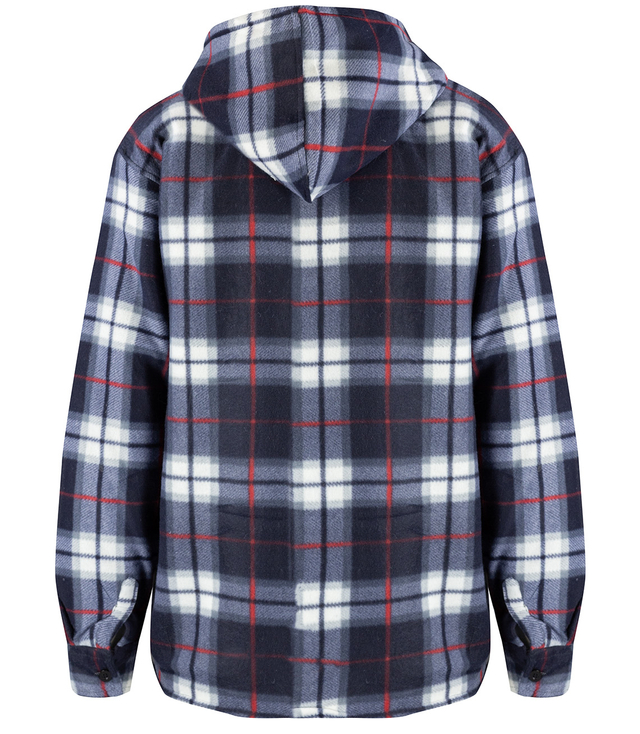 Warm fleece men's plaid shirt with hood insulated with faux fur