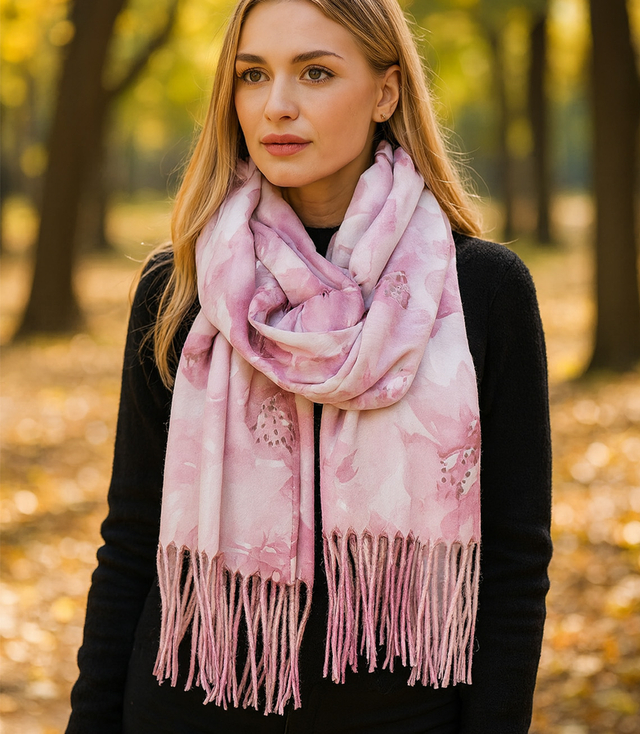 Women's scarf with floral motif and tassels elegant