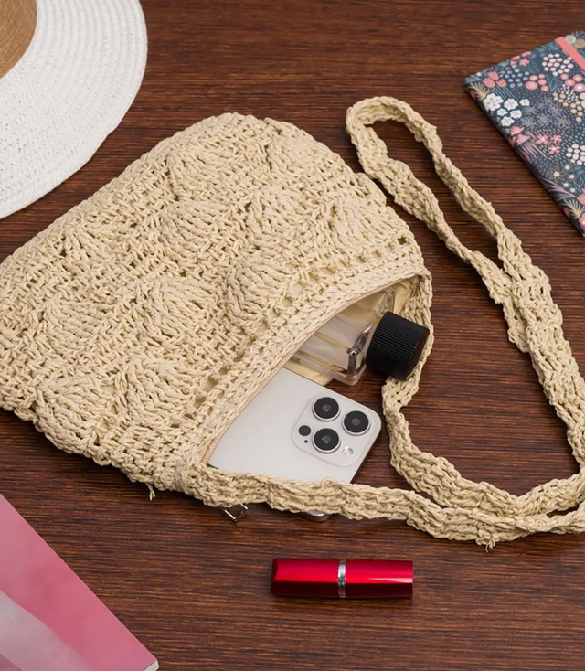 Braided boho handbag with long strap shell pattern