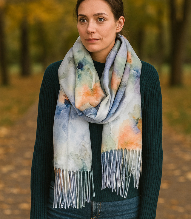 Women's scarf with floral motif and tassels elegant