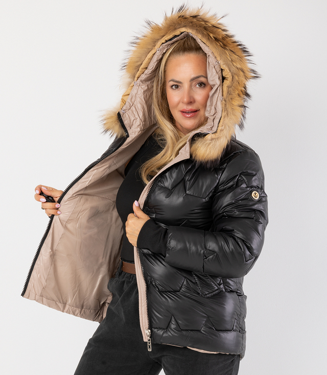 Pikowana kurtka zimowa z kapturem futerkiem ARIA PUFF PLUS SIZE