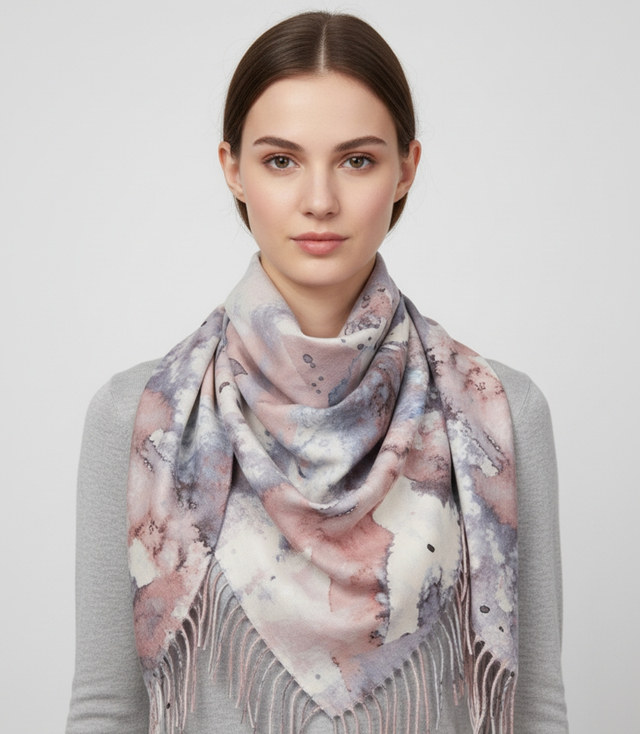 Women's scarf with watercolor pattern and tassels