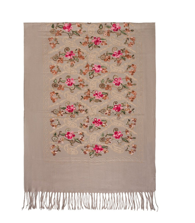 Women's folklore scarf with flower motif and tassels