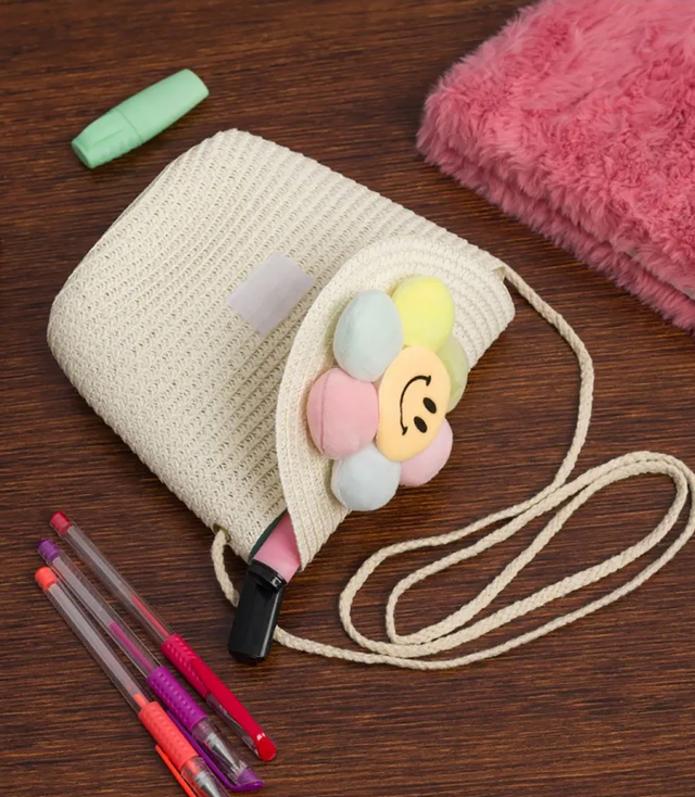 Children's handbag boho straw with flower summer shoulder bag girls' handbag
