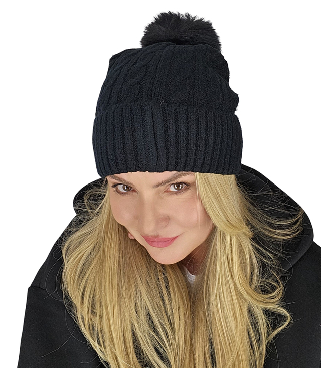 Warm women's cap with pom-pom autumn winter monochrome hat