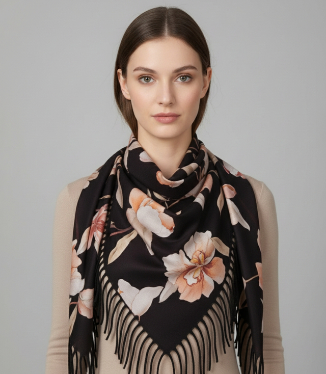 Elegant floral shawl scarf with tassels