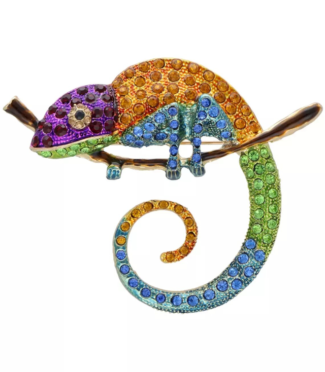Cute colorful chameleon brooch with zircons
