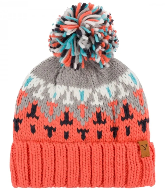 Warm women's cap with colorful pom-pom in winter pattern autumn winter