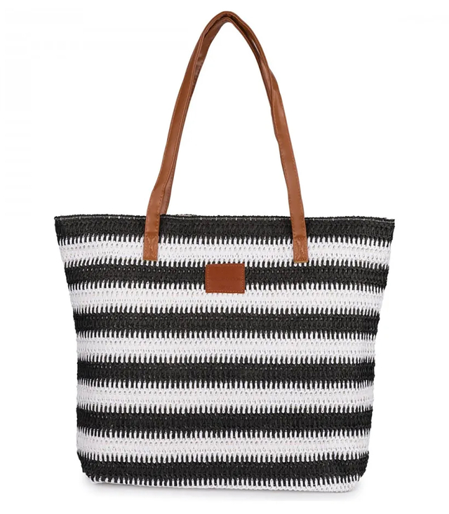 Large braided striped shoper bag with zipper closure