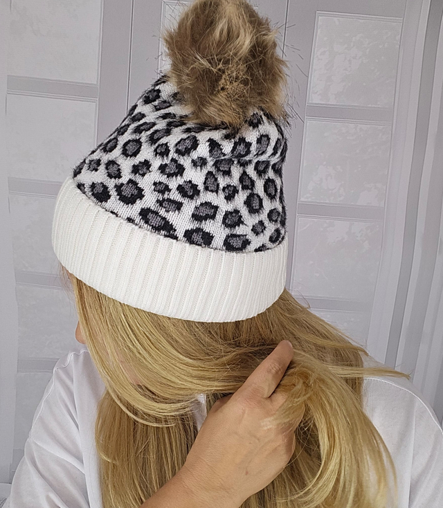 Warm women's cap with pompom autumn winter leopard spots