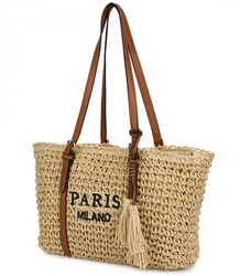 Braided boho handbag with tassels and lettering PARIS MILANO