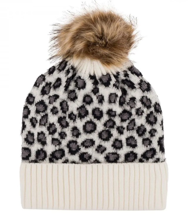 Warm women's cap with pompom autumn winter leopard spots