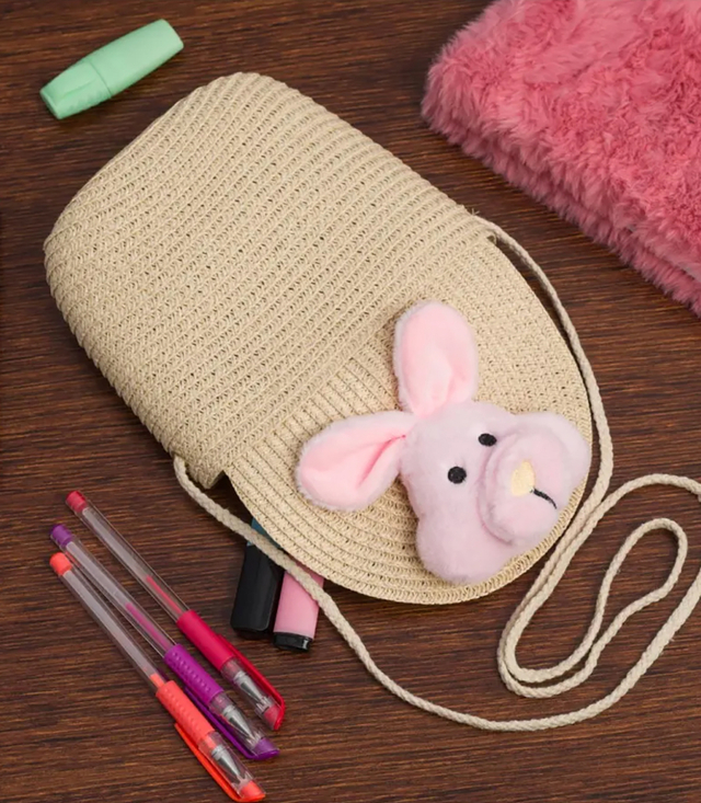 Children's straw bag with plush bunny 