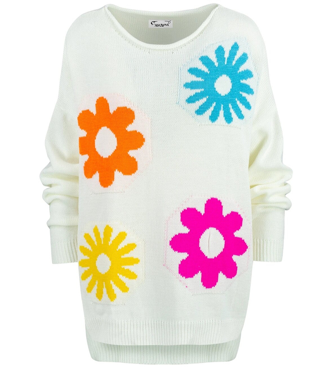 Women's sweater in colorful flowers with a longer back LILANA