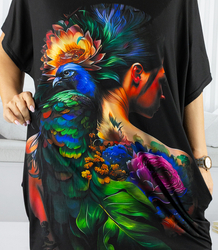 Black tunic dress with colorful print and pockets PERLA